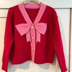 Vintage Red Cardigan with Pink Bow Accent